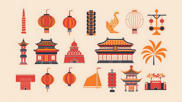 2D Illustration Simple 2D illustrations of Chinese architecture lanterns and cultural symbols