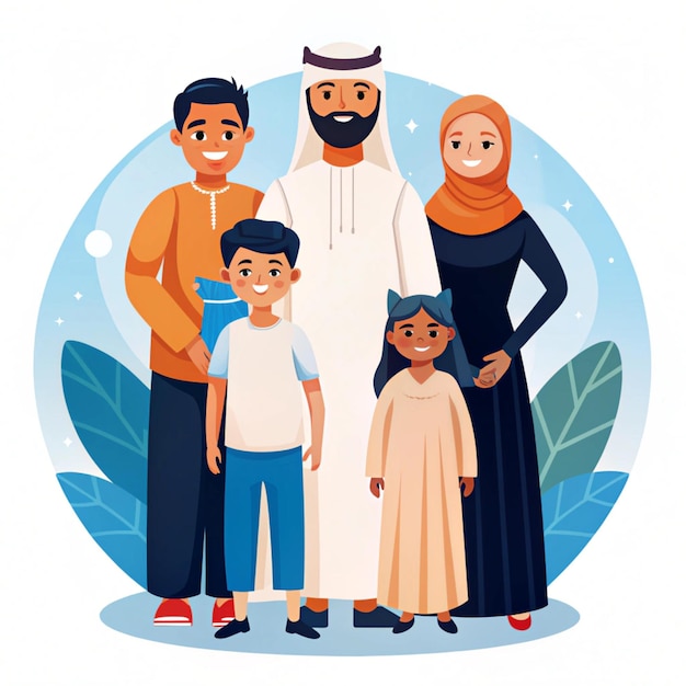 2D illustration of a Traditional Arabian family spending time together at home