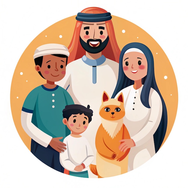 2D illustration of a Traditional Arabian family spending time together at home