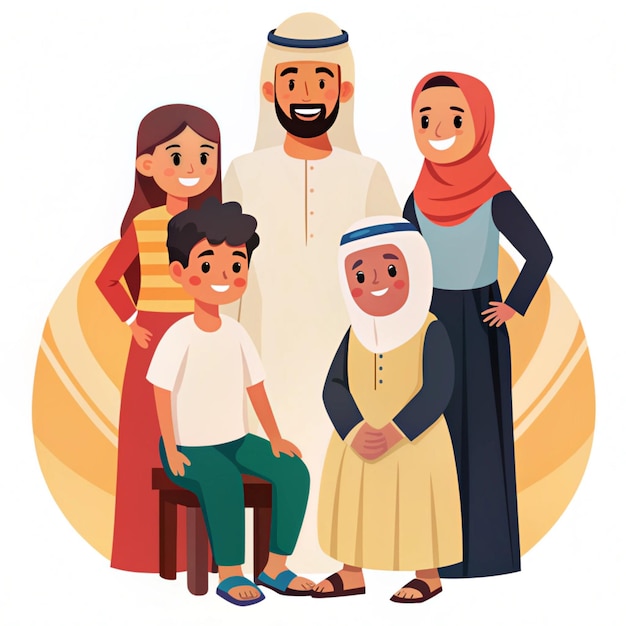 2D illustration of a Traditional Arabian family spending time together at home