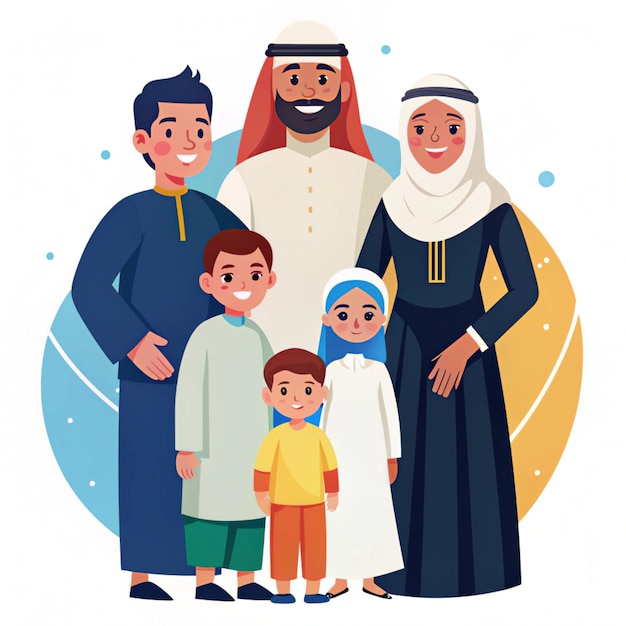 2D illustration of a Traditional Arabian family spending time together at home