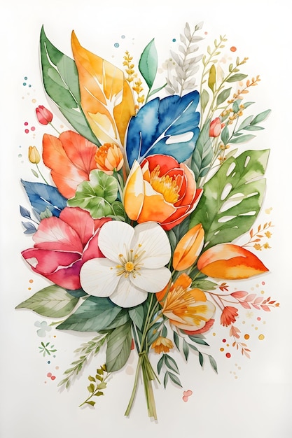 2d illustration of watercolor colorful flower bouquet on white background