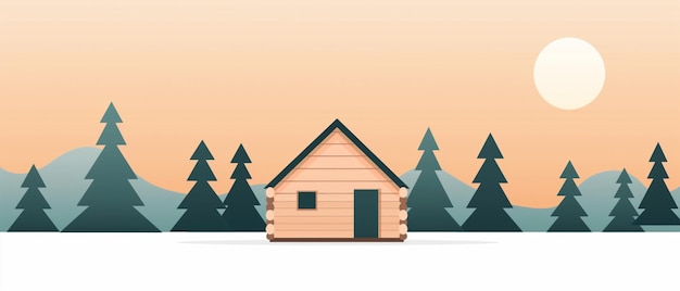 Photo 2d illustration of a wooden cabin in a forest with basic shapes