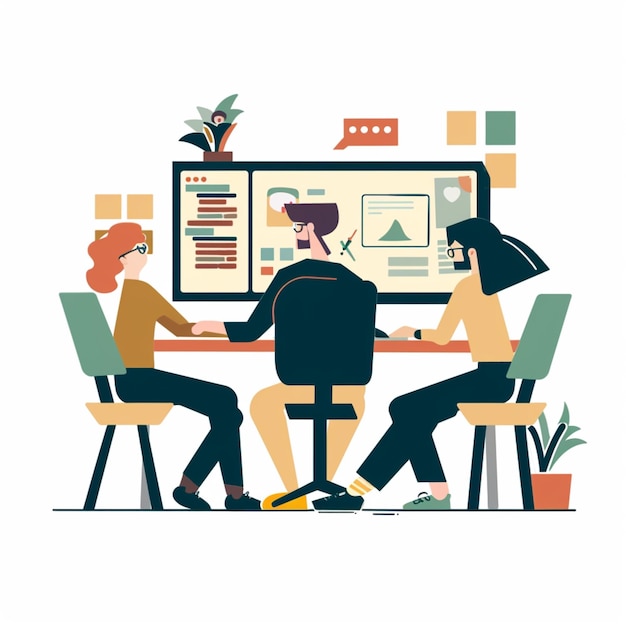 2D people working on a project and programming concepts layout flat page illustration design