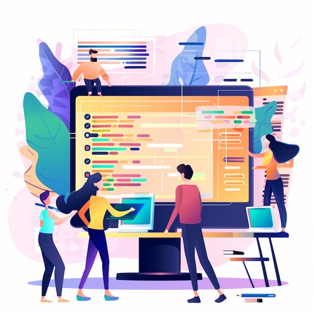 2D people working on a project and programming concepts layout flat page illustration design