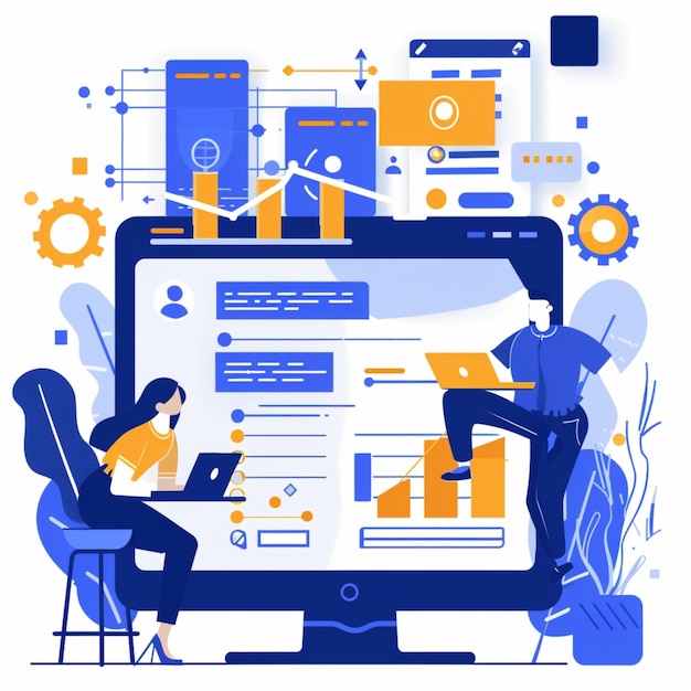 2D people working on a project and programming concepts layout flat page illustration design