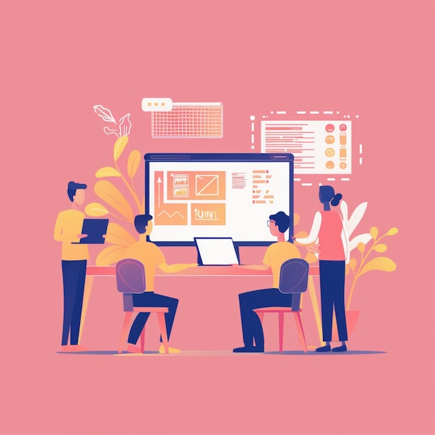 2D people working on a project and programming concepts layout flat page illustration design