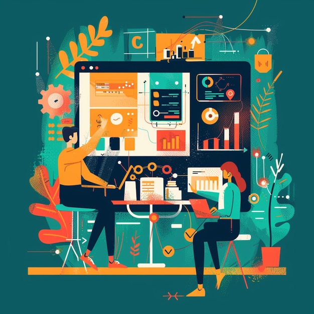 2D people working on a project and programming concepts layout flat page illustration design