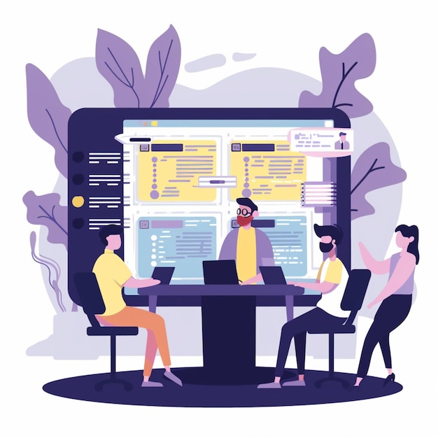 2D people working on a project and programming concepts layout flat page illustration design