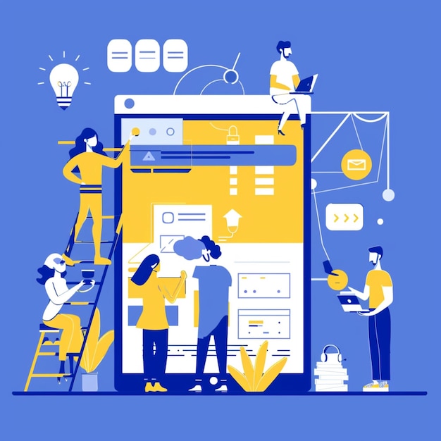 2D people working on a project and programming concepts layout flat page illustration design