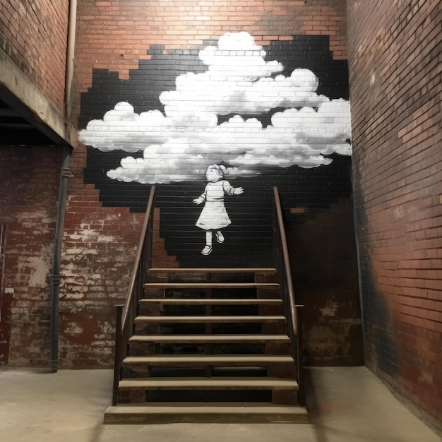 2d picture drawn on red brick background and child step by step closer to the clouds