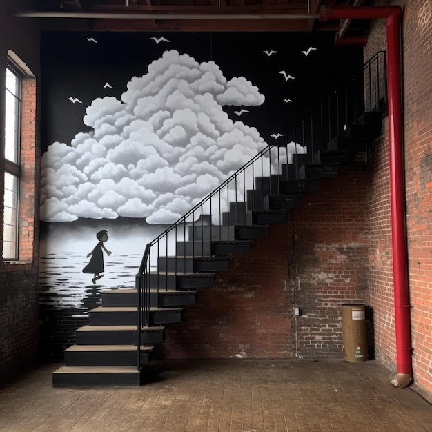 2d picture drawn on red brick background and child step by step closer to the clouds