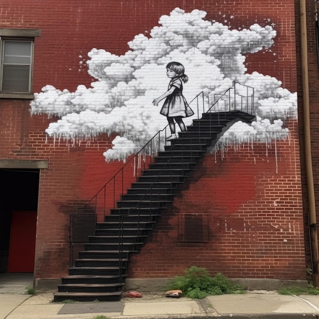 2d picture drawn on red brick background and child step by step closer to the clouds