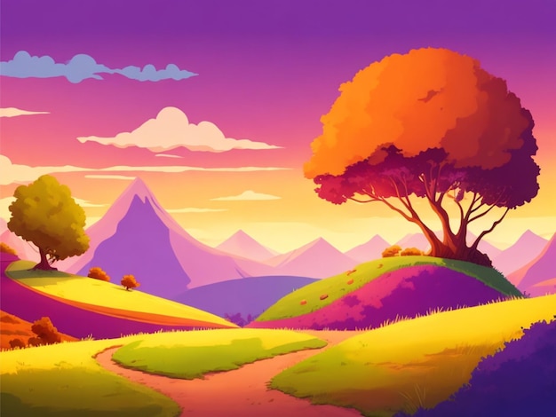 2d style cartoon hil only hill on the white background colorful landscape scenery sunset view