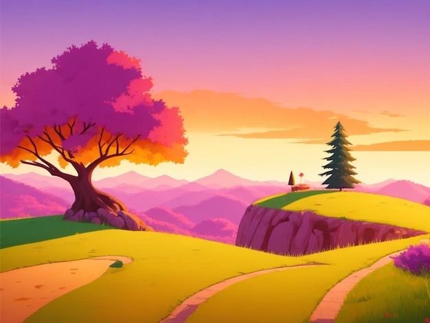 2d style cartoon hil only hill on the white background colorful landscape scenery sunset view