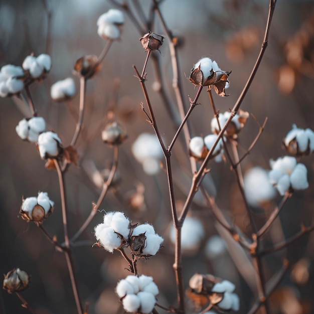 Photo 2macro shot of cotton plants fluffy white cotton bolls on brown stems branches with natural textures soft focus background with muted earth tones agricultural field depicting organic farming