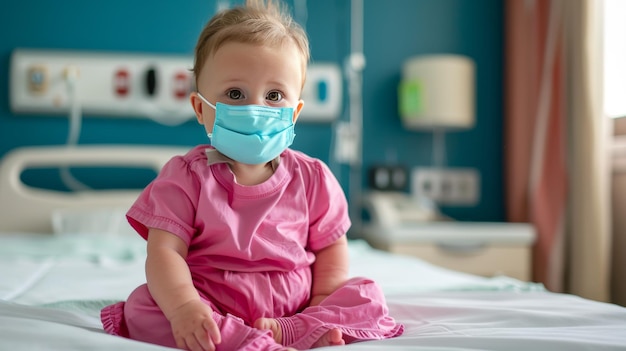 2yearold baby in pink patient uniform Wearing a mask sitting on a bed at the hospital