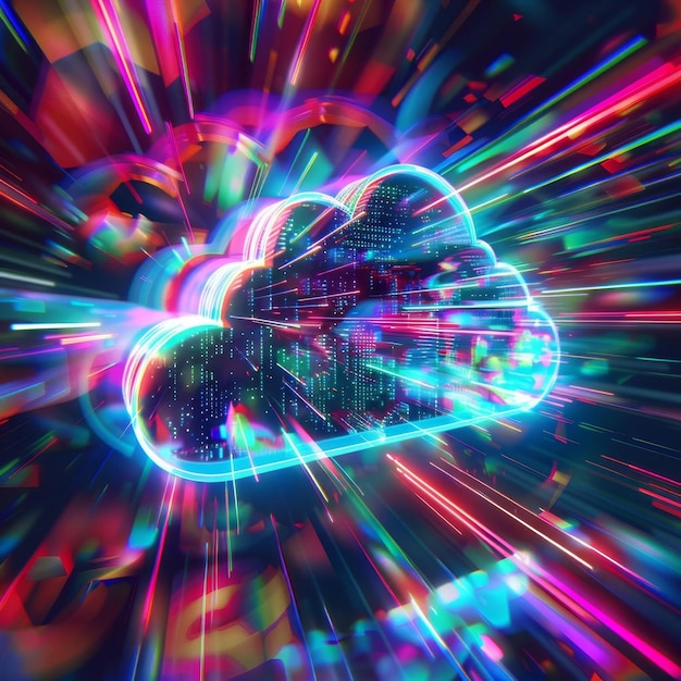 3 3D model of a cloud data icon with a bright multicolored digital background