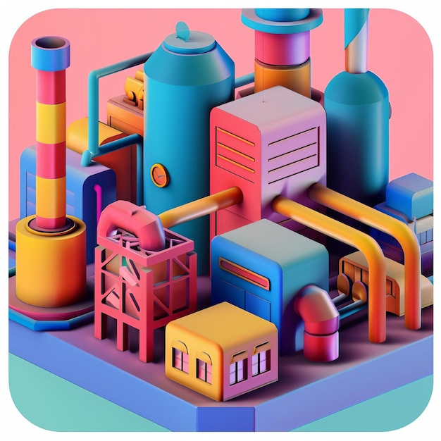 3 3D model of a smart factory icon with a vibrant multicolored background