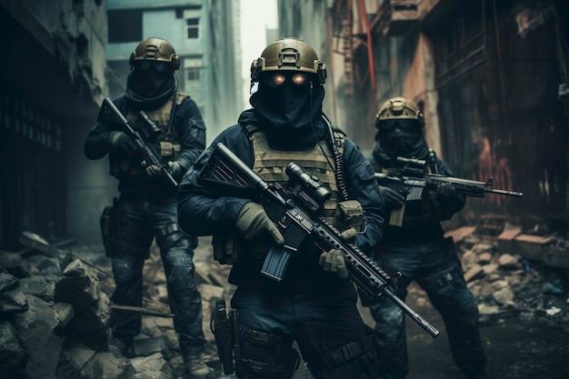 3 Airsoft operators in an abandoned city realistic 4k image