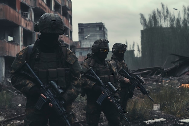 3 Airsoft operators in an abandoned city realistic 4k image