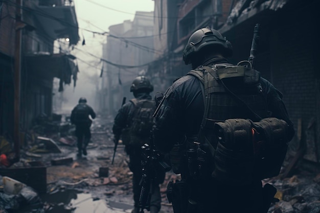 3 Airsoft operators in an abandoned city realistic 4k image