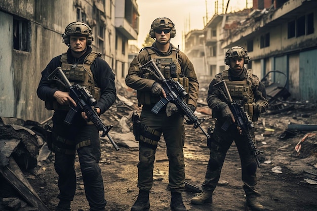 3 Airsoft operators in an abandoned city realistic 4k image