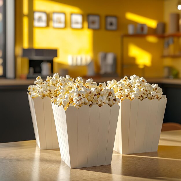 Photo 3 baskets of popcorn standing on a table in the background a beautiful modern room in yellow colors super realistic photo focus on foreground v 61 job id a30edcc24b1642b3a5f811fb6edd11e8