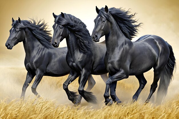 3 Black horses in the field