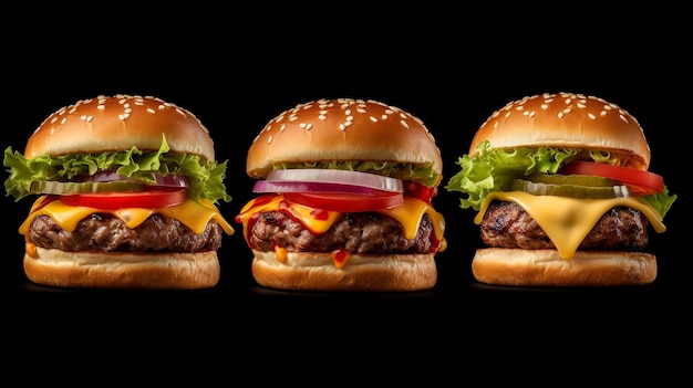 3 burgers with beef cutlets tomatoes cheese lettuce and onions on black background Generated AI