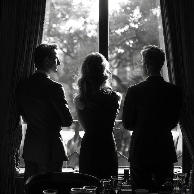 3 businessmen and businesswomen looking out the window