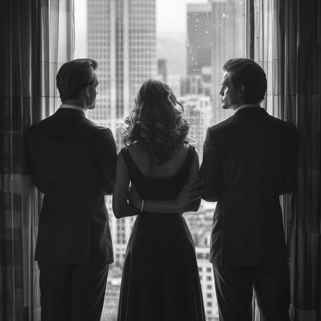 3 businessmen and businesswomen looking out the window