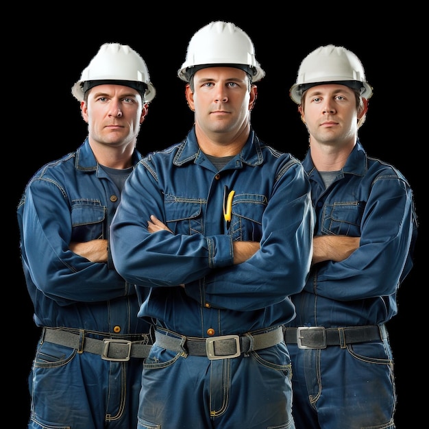 3 construction workers in safety gear on black