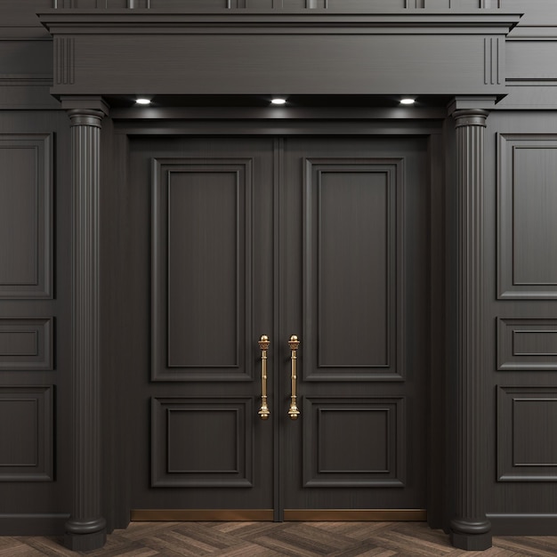 3 d illustration. Closed classic black doors with carvings. Interior Design. Background