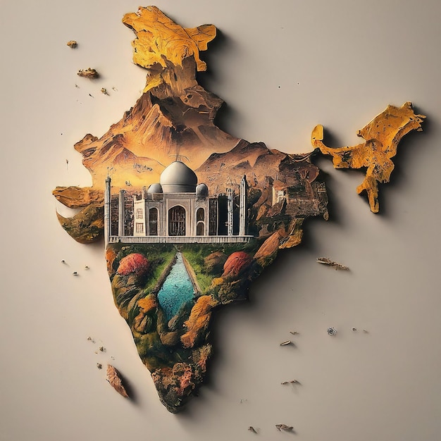 3 d illustration india map with a beautiful view