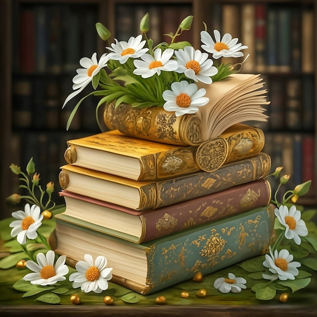 3 D whimsical and enchanting digital glitter artwork featuring a stack of classic ornate books with