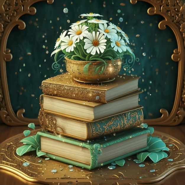 3 D whimsical and enchanting digital glitter artwork featuring a stack of classic ornate books with