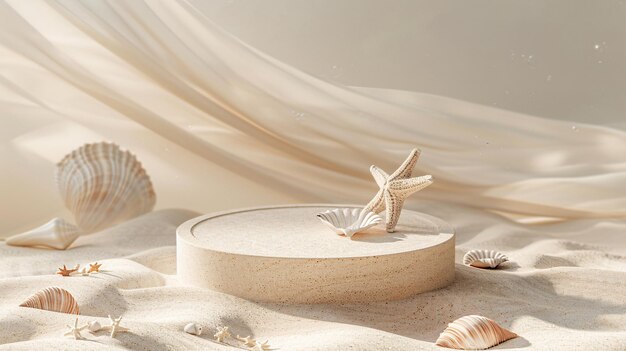 3 An elegant and simple product showcase featuring a beige round platform podium complemented by scattered sea shells and starfish on a soft beige beach sand surface creating a calm and natural