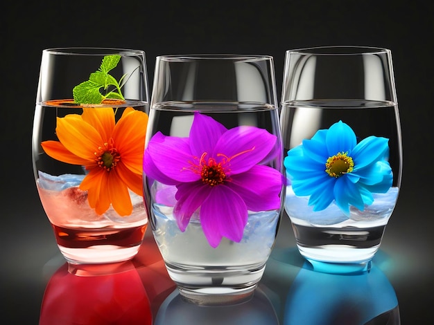 3 glasses of water with flowers of different colors inside 3d image downloade