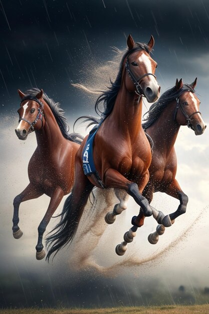 3 horses are flying in air in rain