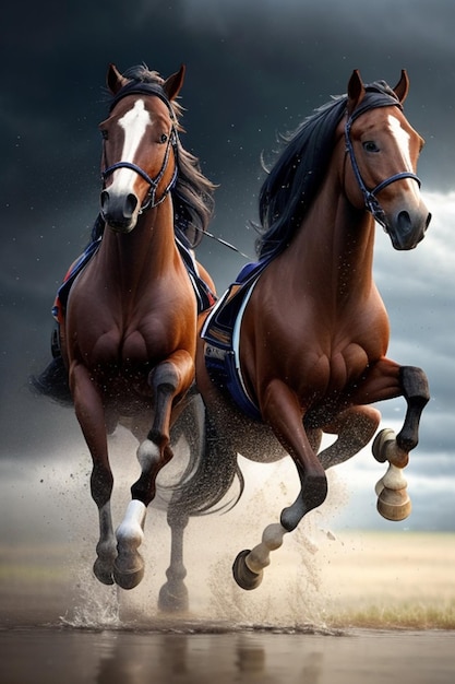 3 horses are flying in air in rain