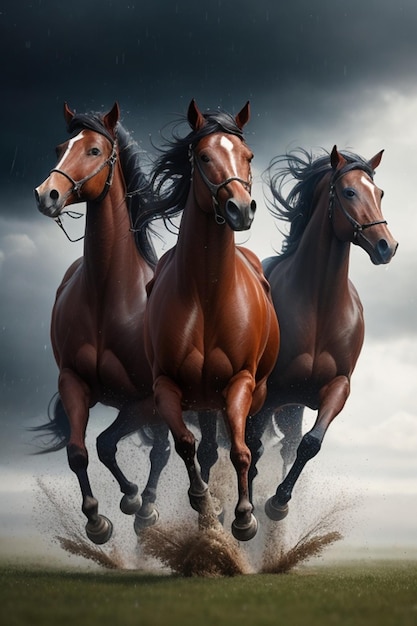 3 horses are flying in air in rain