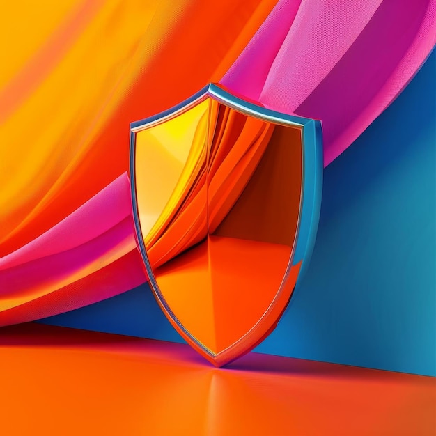 3 Illustration of a risk management shield icon in 3D with a vibrant abstract background