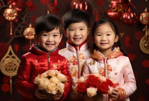 3 kids in traditional and carrying the fortune cookie