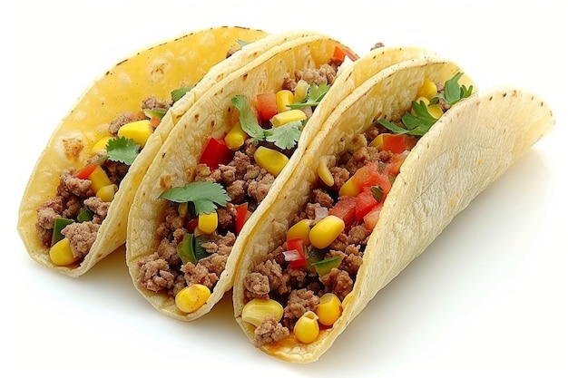 3 Mexican taccos on white background