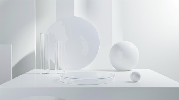 3 Minimalist 3D display of a transparent glass stand with artistic abstract elements providing an elegant and clean background for product presentation in a white setting