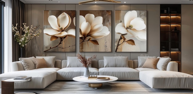 Photo 3 pieces of abstract art paintings with magnolia flower on canvas beige and white color palette