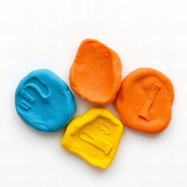 Photo 3 pieces of playdough in blue orange and yellow colors on a white background