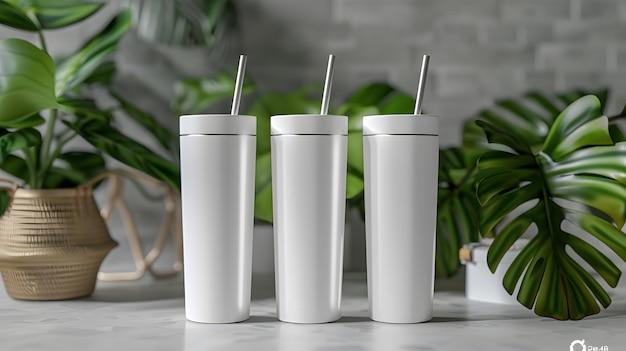 3 plain white skinny tumbler mockups side view with no text or design on the front of them copy spac