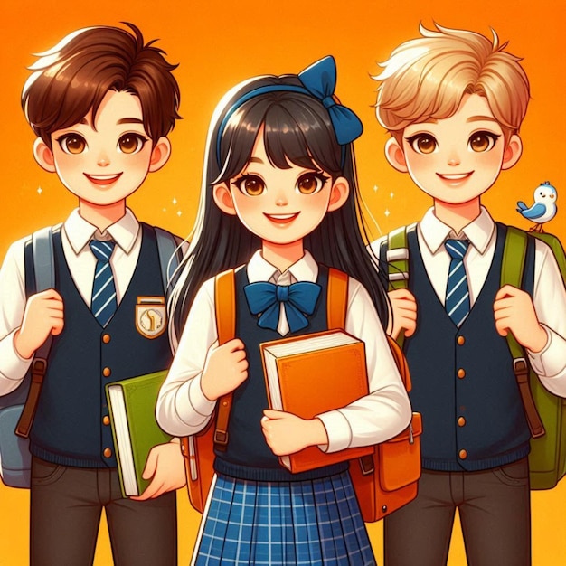 3 school children 2 boys and 1 girl wearing school uniforms and carrying books on a bright orange